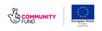 Community fund and ESF logogs in pink, white blue and yellow